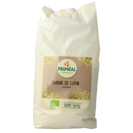 Primeal organic lupin flour in a 500g package, natural light shot showing the label and product packaging.