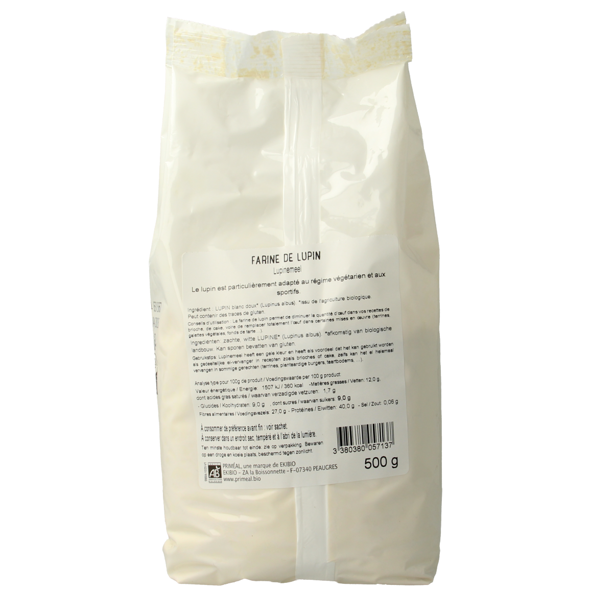 Primeal bio lupin flour in a 500g package, used for baking and gluten-free recipes, shown in the image.