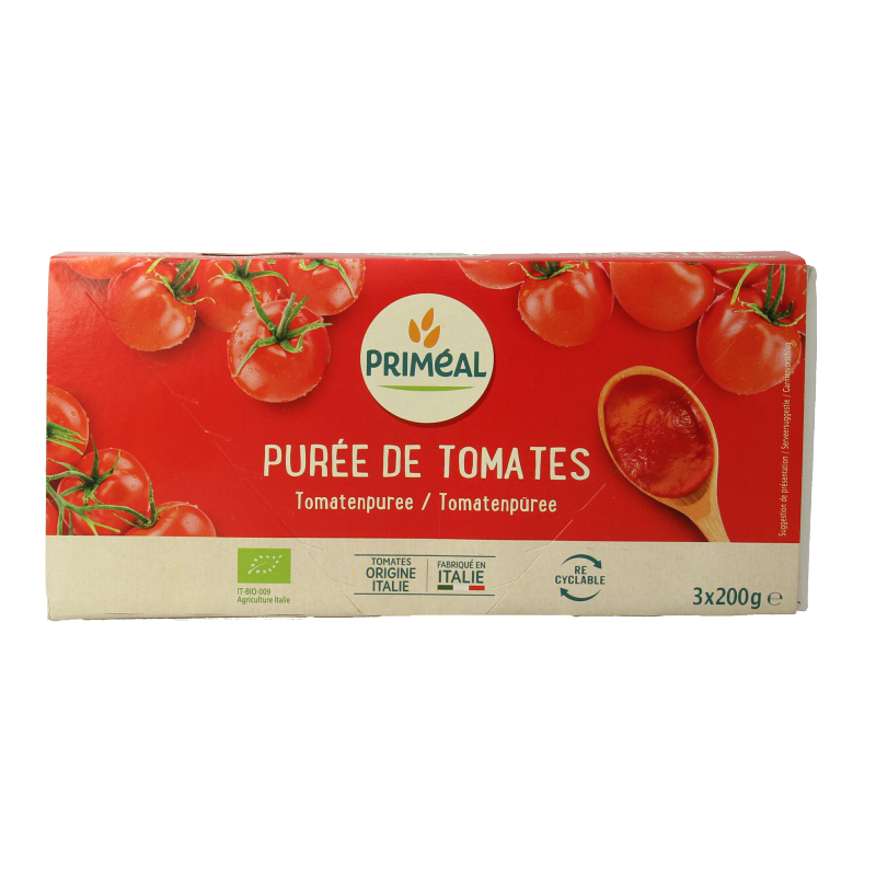 Primeal organic tomato passata in 200g jars, three-pack, for sauces and flavoring, shown in clear glass jars with fresh tomatoes.