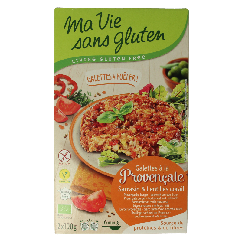 Ma Vie Sans vegan gluten-free Provencal-style veggie burgers, 2 x 100g, displayed on a plate with fresh herbs.