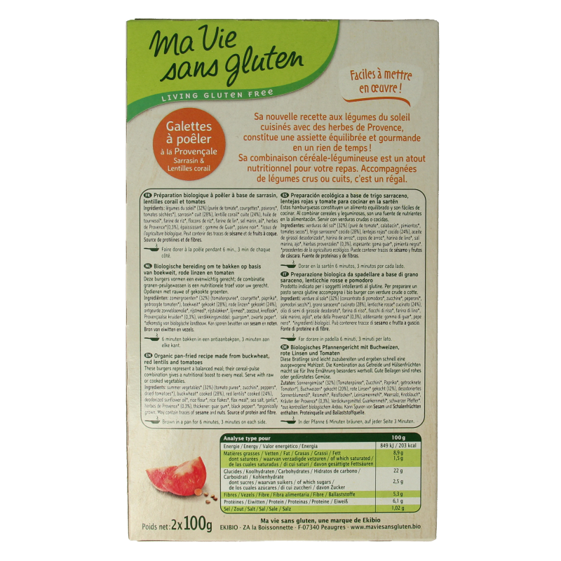 Ma Vie Sans Provencaalse vegan gluten-free burgers, 2 x 100g, featuring plant-based meat substitutes in a natural food setting.