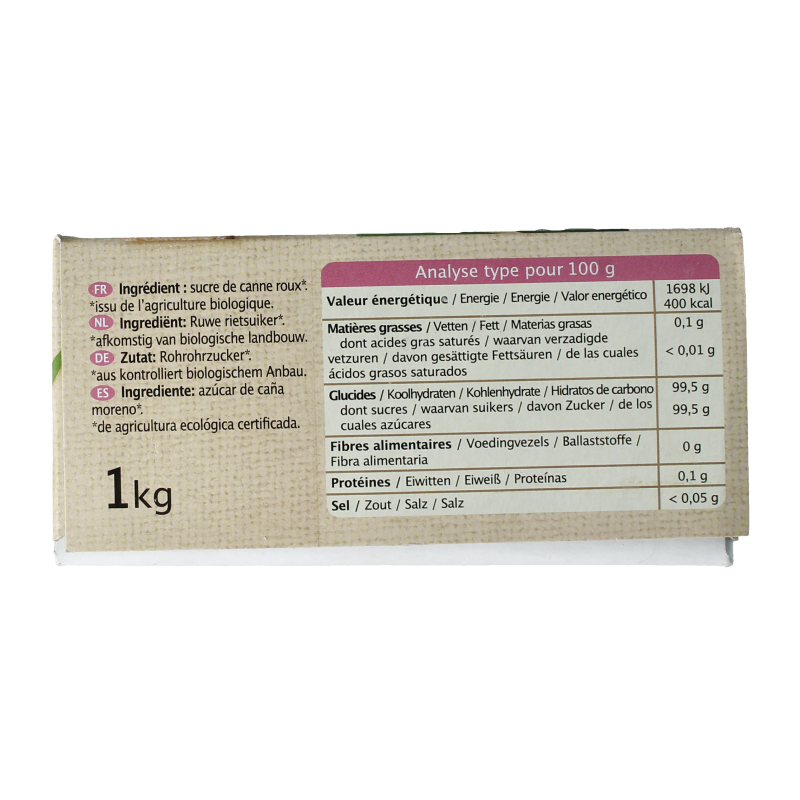 Primeal organic brown cane sugar lumps in a 1kg package, natural sweetener for baking and beverages.