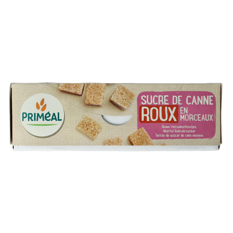 Primeal organic brown cane sugar lumps in a 1kg package, natural sweetener and cooking ingredient.