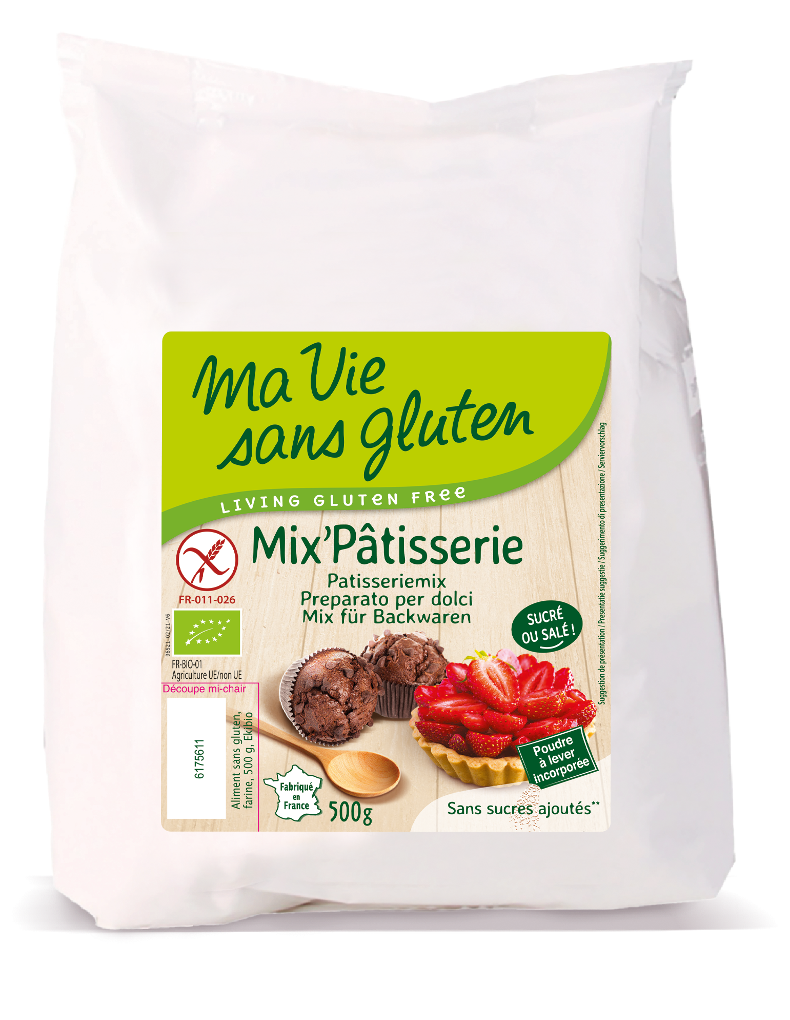 Gluten-free organic Ma Vie Sans pâtisserie mix in a 500g bag, suitable for baking and pastry recipes.