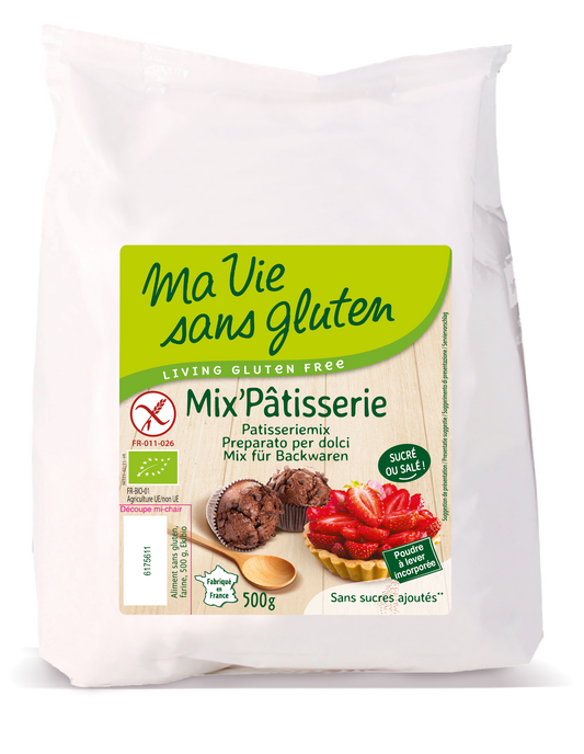 Gluten-free organic Ma Vie Sans pâtisserie mix in a 500g bag, suitable for baking and pastry recipes.