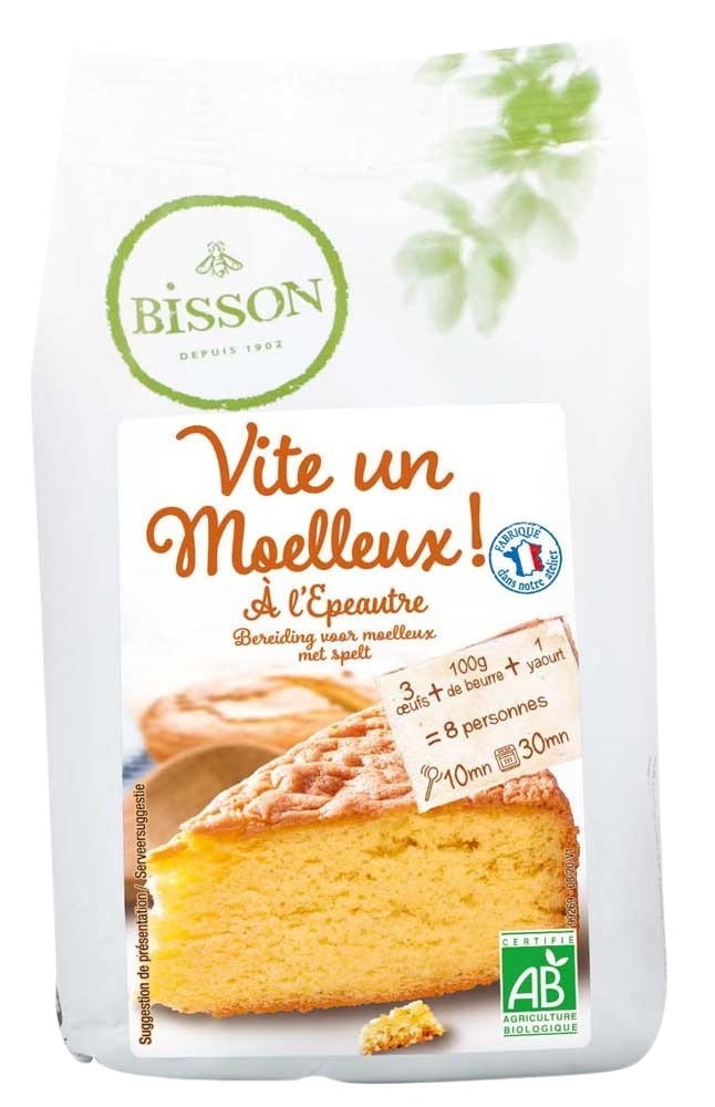 Bisson bio speltcake baking mix in 300g package, natural flour blend for homemade spelt cakes.