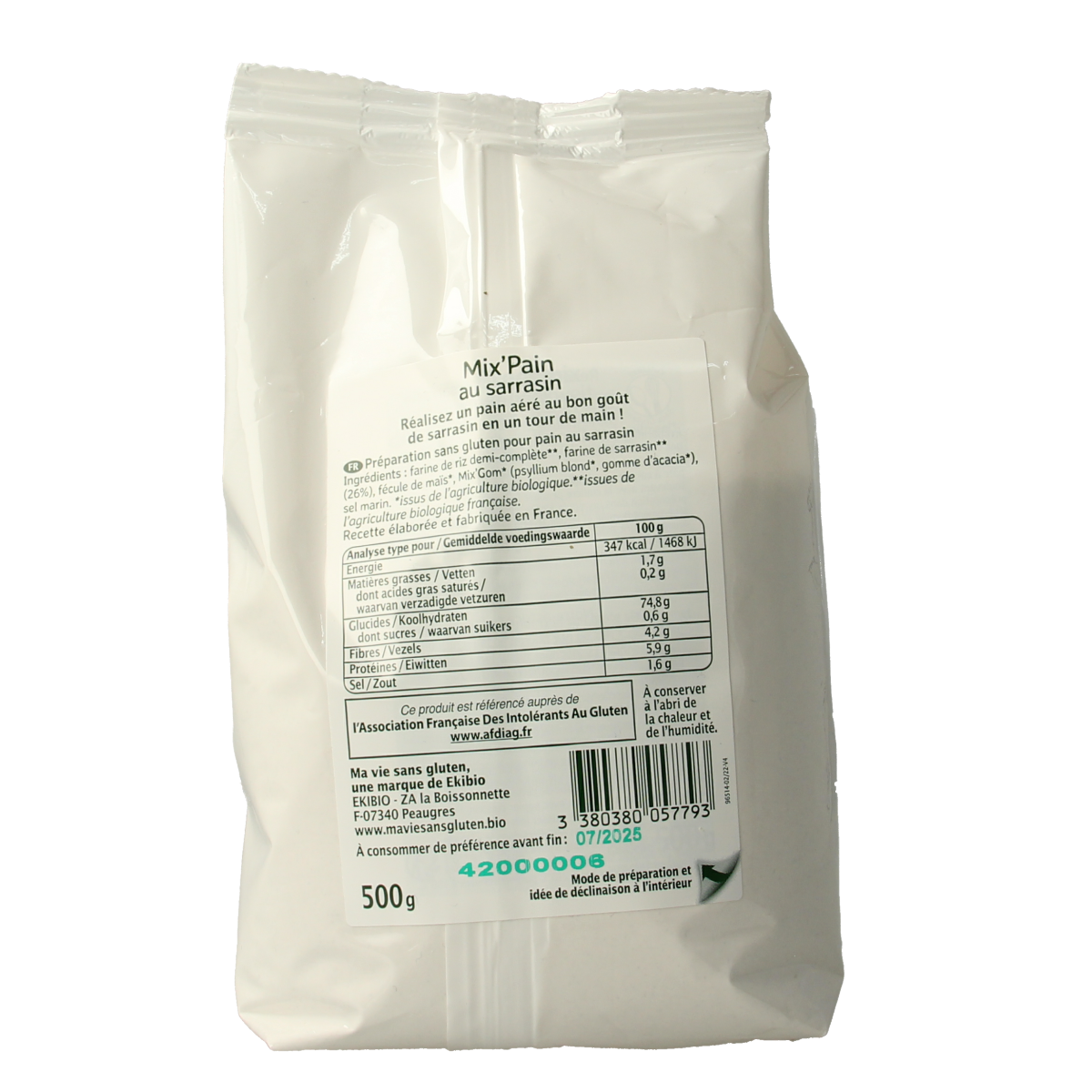 Ma Vie Sans glutenvrije boekweitbakmix in 500g pack, glutenvrij en biologisch voor bakken en koken.