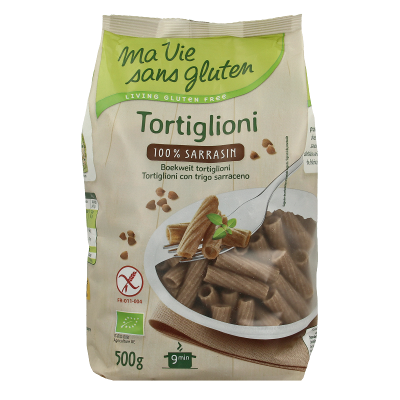 Gluten-free buckwheat tortiglioni pasta by Ma Vie Sans, 500g, in a clear package, suitable for gluten-free and organic diets.