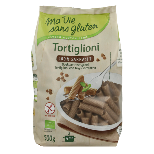 Gluten-free buckwheat tortiglioni pasta by Ma Vie Sans, 500g, in a clear package, suitable for gluten-free and organic diets.