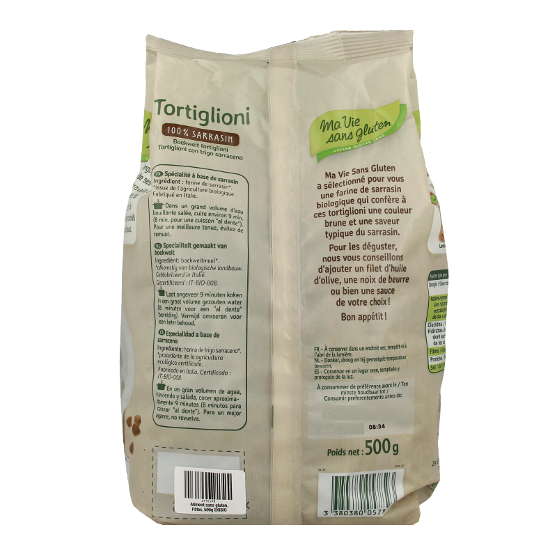 Gluten-free buckwheat Tortiglioni pasta by Ma Vie Sans in 500g package, suitable for gluten-free and organic pasta dishes.