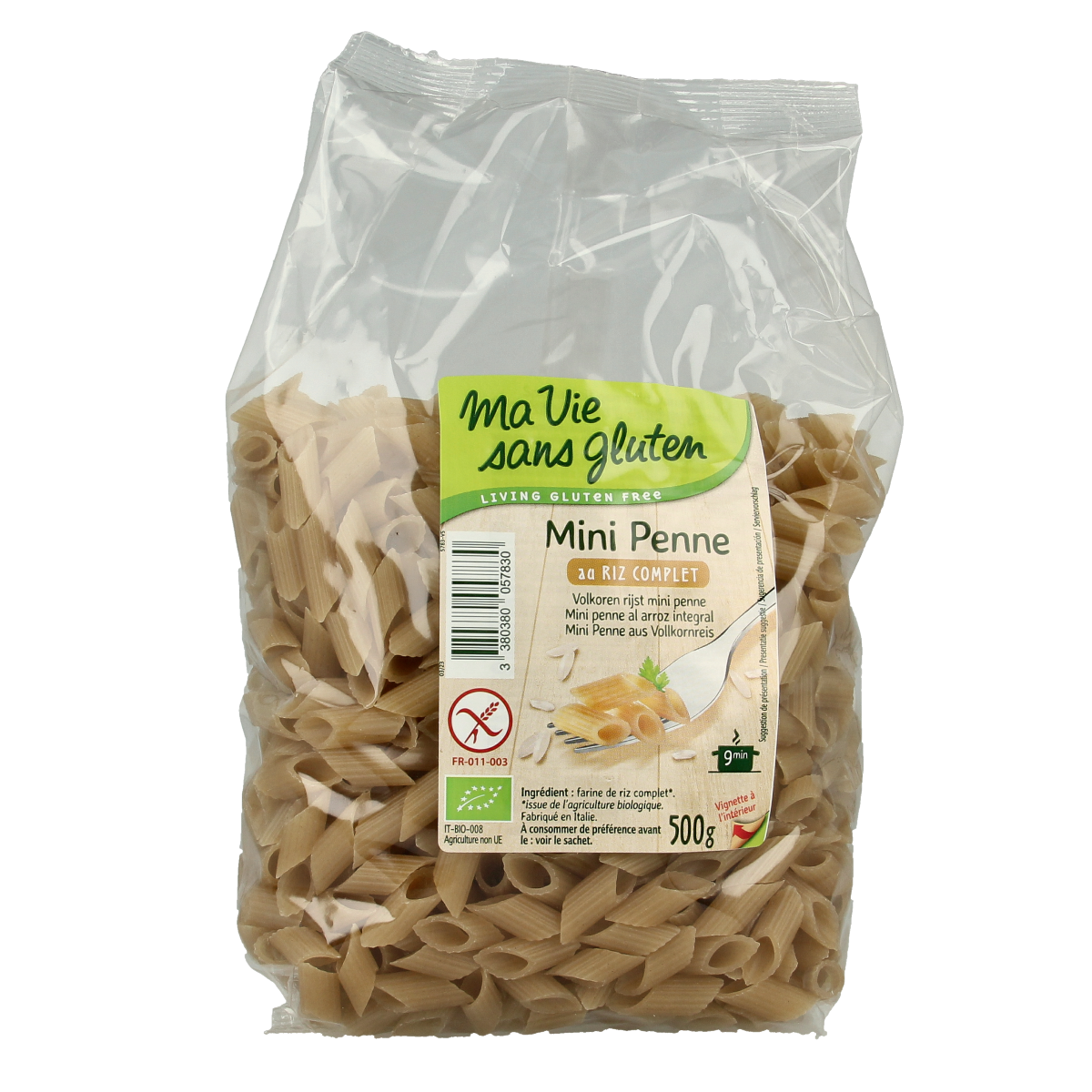 Ma Vie Sans glutenvrije mini volkoren penne pasta in 500g verpakking, gemaakt van biologische volle tarwe voor een gezonde maaltijd.
