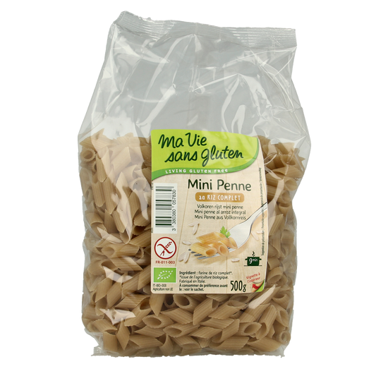 Ma Vie Sans glutenvrije mini volkoren penne pasta in 500g verpakking, gemaakt van biologische volle tarwe voor een gezonde maaltijd.