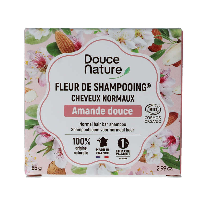Douce Nature shampoo bar for normal hair with sweet almond, organic, 85 grams, natural hair care product.
