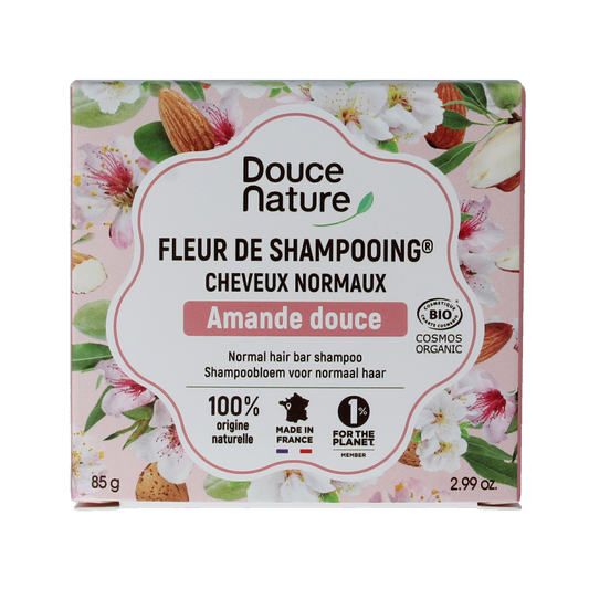 Douce Nature shampoo bar for normal hair with sweet almond, organic, 85 grams, natural hair care product.