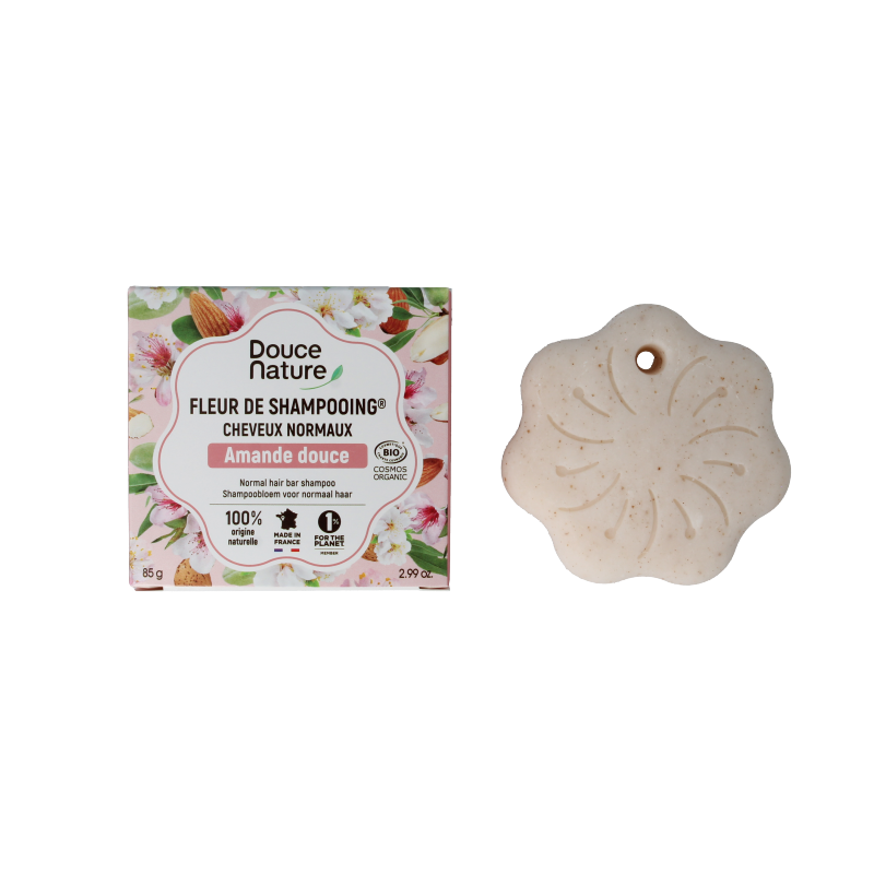 Douce Nature shampoo bar for normal hair with sweet almond bio, 85 grams, natural hair care product.