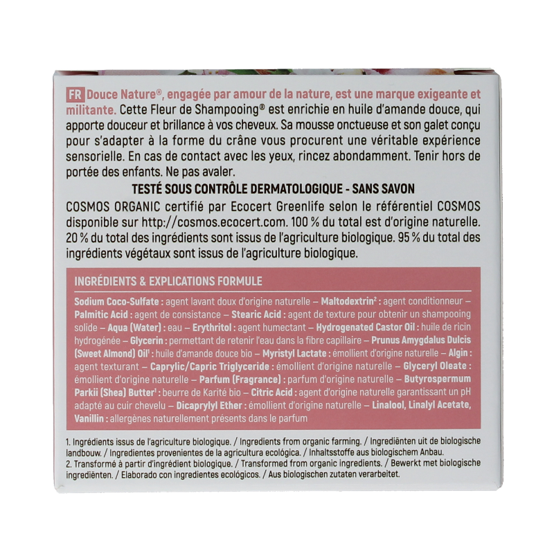 Douce Nature shampoo bar for normal hair with organic sweet almond, 85g, natural hair care product in a rectangular shape.