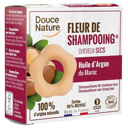 Douce Nature shampoo bar for dry hair with argan oil, 85g, natural bio hair care product in recyclable packaging
