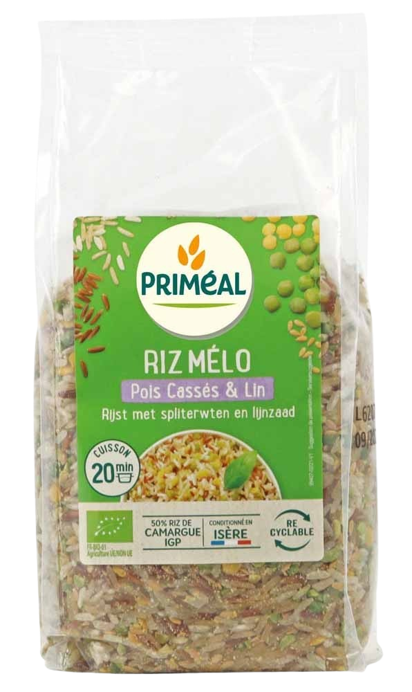 Primeal organic rice with split peas and flaxseed in a 500g package, showing the colorful rice blend in a bowl.