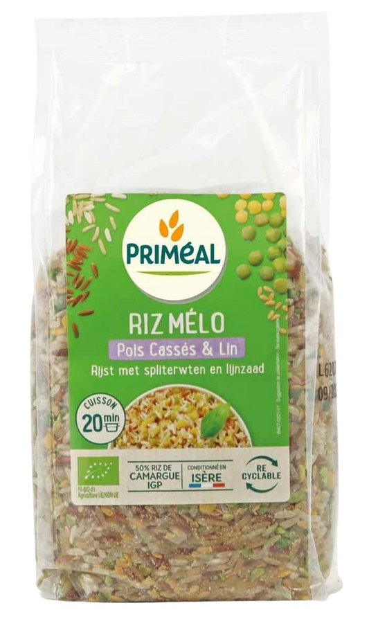 Primeal organic rice with split peas and flaxseed in a 500g package, showing the colorful rice blend in a bowl.