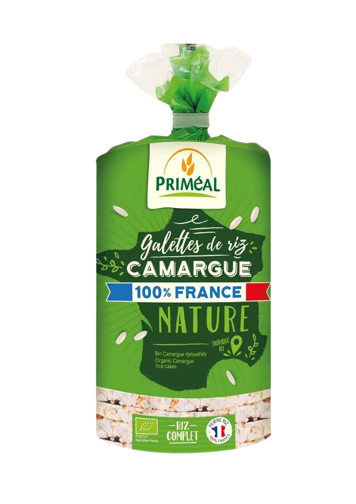 Primeal Camargue organic rice cakes, 130 grams, crispy brown crackers with a natural texture and golden color.