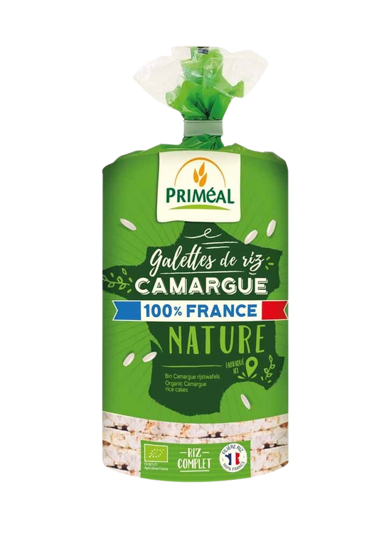 Primeal Camargue organic rice cakes, 130 grams, crispy brown crackers with a natural texture and golden color.