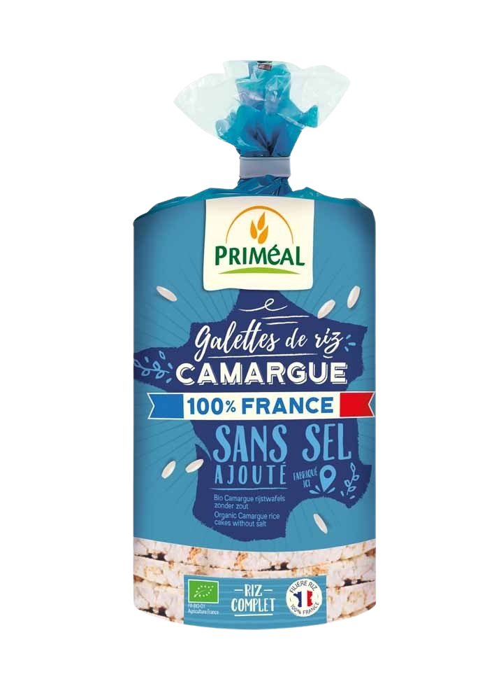 Primeal organic Camargue rice cakes without salt, 130g, showing crunchy, round rice cracker slices on a neutral background.