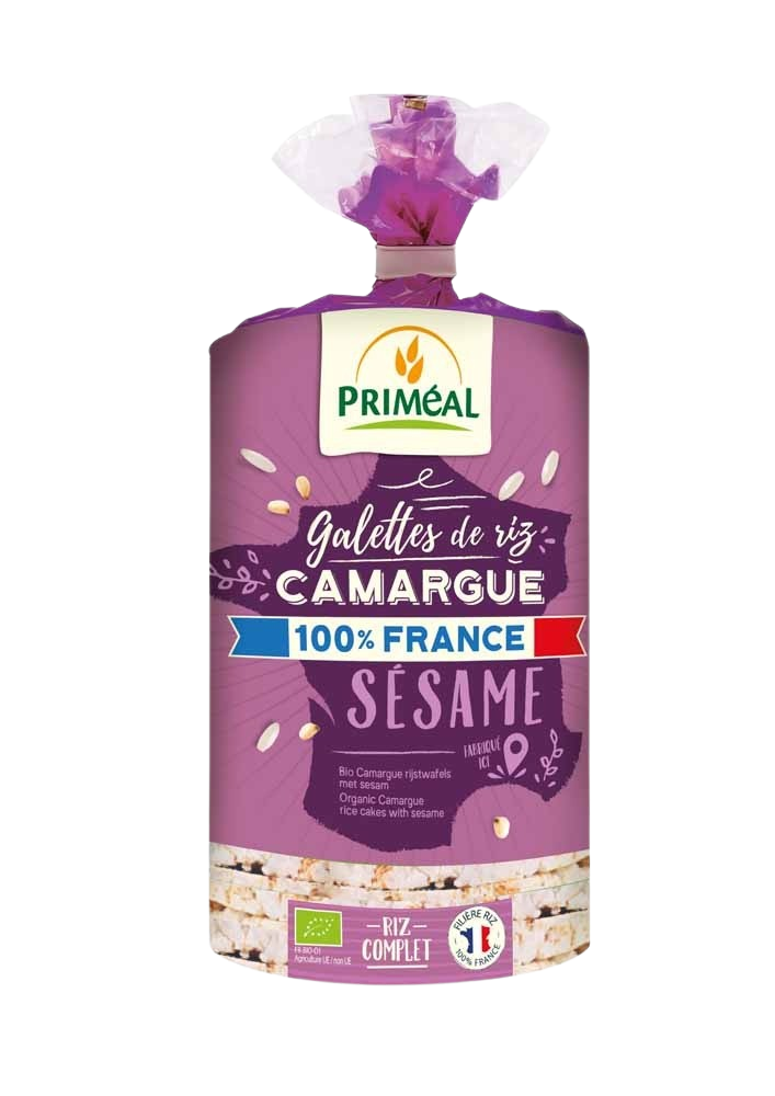 Primeal Camargue rice cakes with sesame, organic, 130g, crispy broden and crackers with sesame seeds on top.