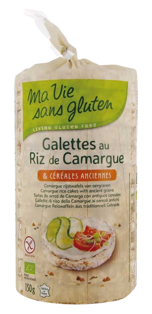 Ma Vie Sans Camargue rijstwafels van oergranen, glutenvrij en biologisch, 130 gram, op een witte achtergrond