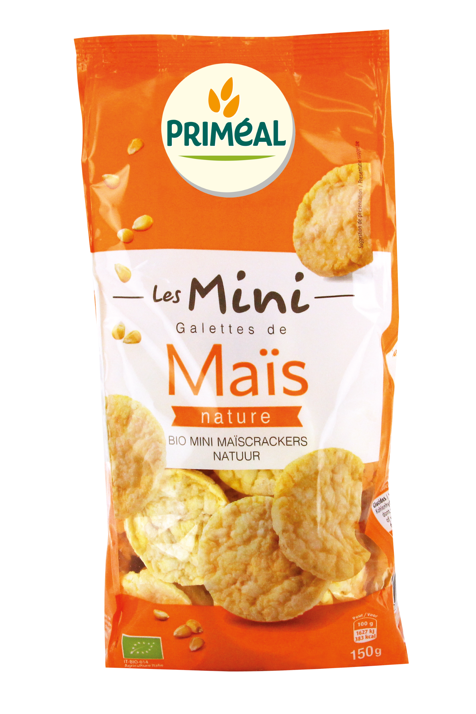 Primeal mini organic maize waffles snack in 150g package, crispy and golden, ideal for quick bites and healthy snacking.