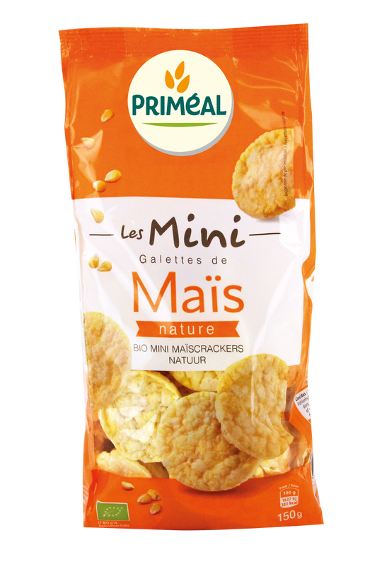 Primeal mini organic maize waffles snack in 150g package, crispy and golden, ideal for quick bites and healthy snacking.