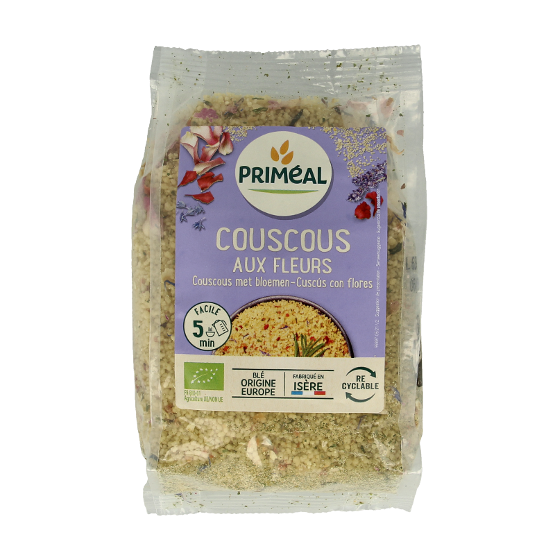 Primeal organic couscous with flowers in a 300g package, made from pasta and rice, suitable for healthy meals.