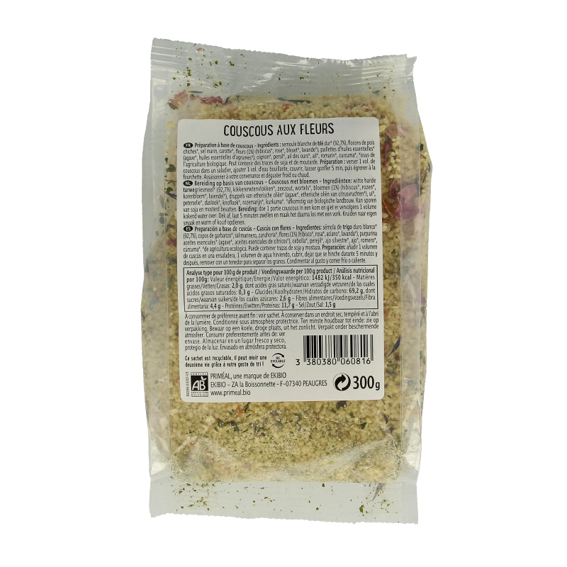 Primeal organic couscous with colorful flower-shaped pasta, 300 grams, in a natural setting.