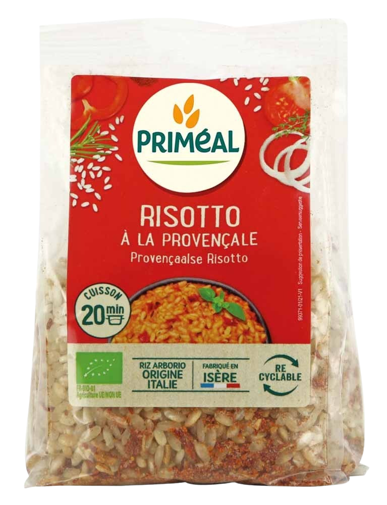 Primeal Provencal-style organic risotto in 300g package, showing the rice grains and packaging label.