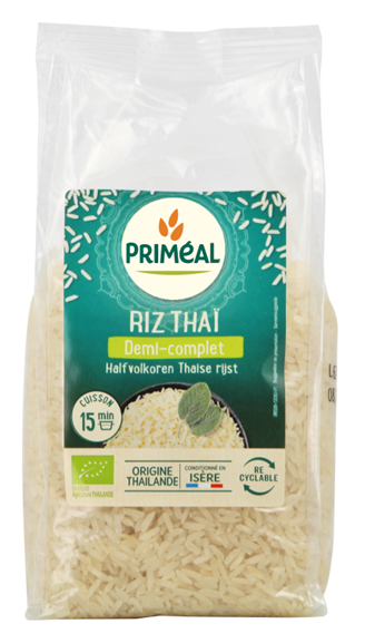 Primeal organic half-vegetable Thai rice in 500g package, showcasing the rice grains with a natural, unprocessed appearance.