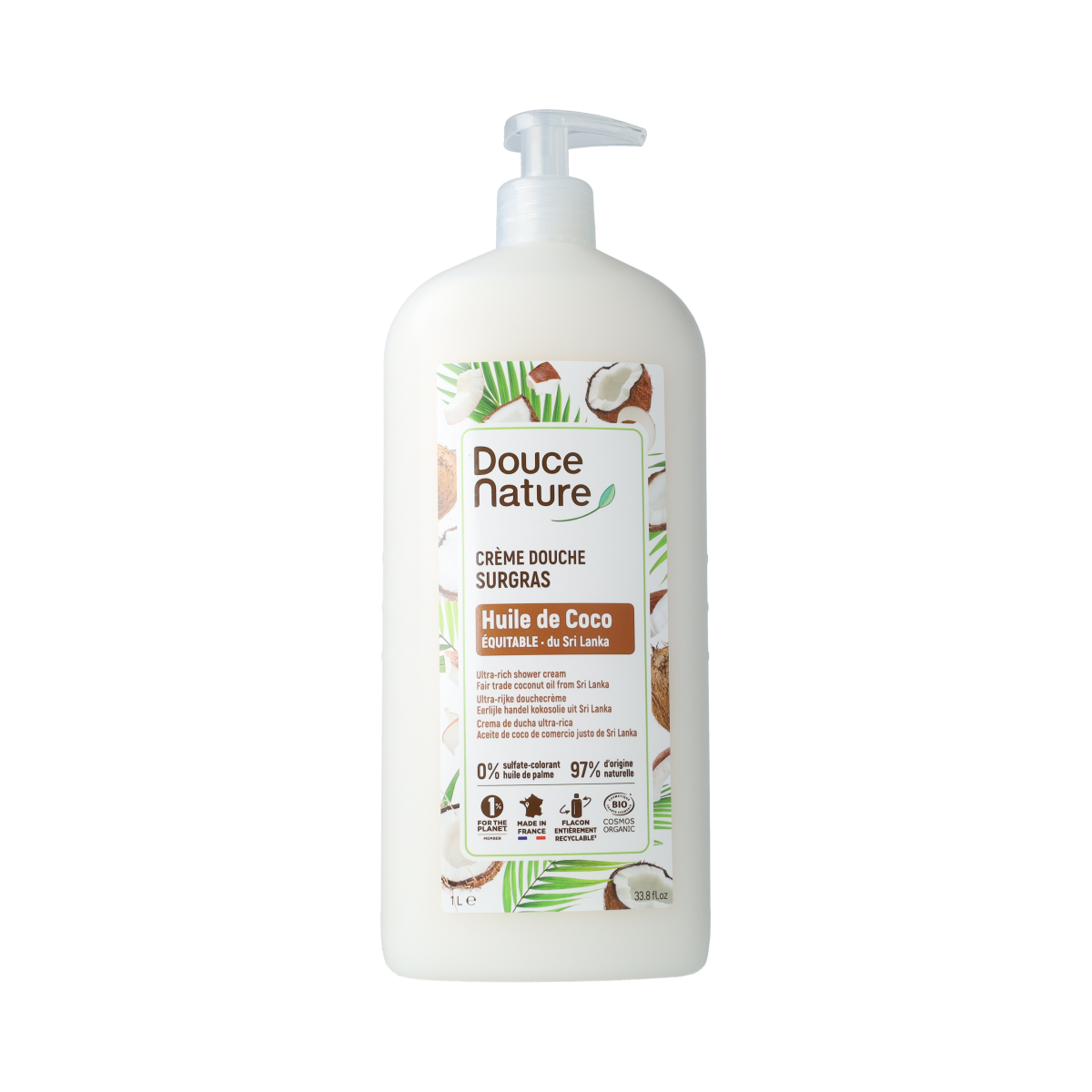 Organic Douce Nature coconut shower cream in a 1-liter bottle, suitable for daily use, with a creamy texture and natural coconut scent.