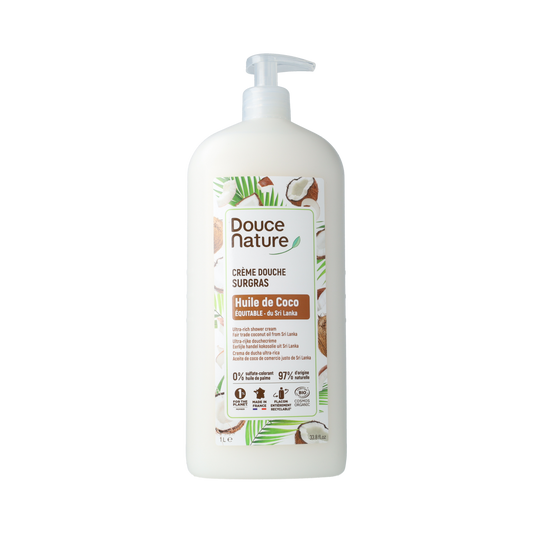 Organic Douce Nature coconut shower cream in a 1-liter bottle, suitable for daily use, with a creamy texture and natural coconut scent.
