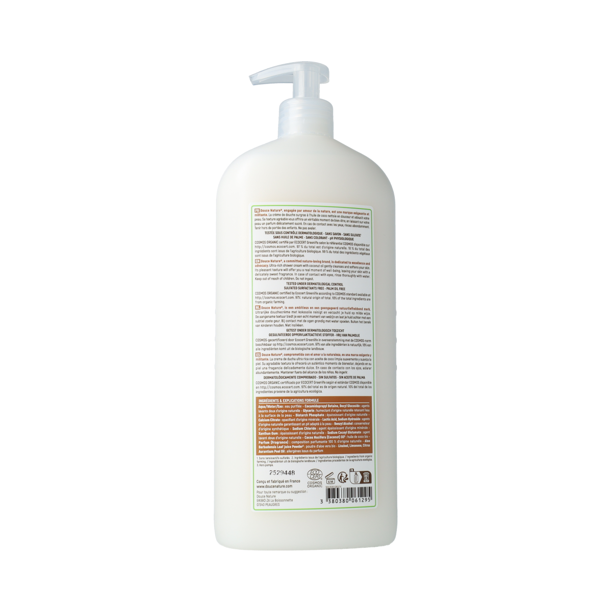 Douce Nature kokos bio douchecrème in a 1-liter bottle, natural coconut-scented shower and bath product.
