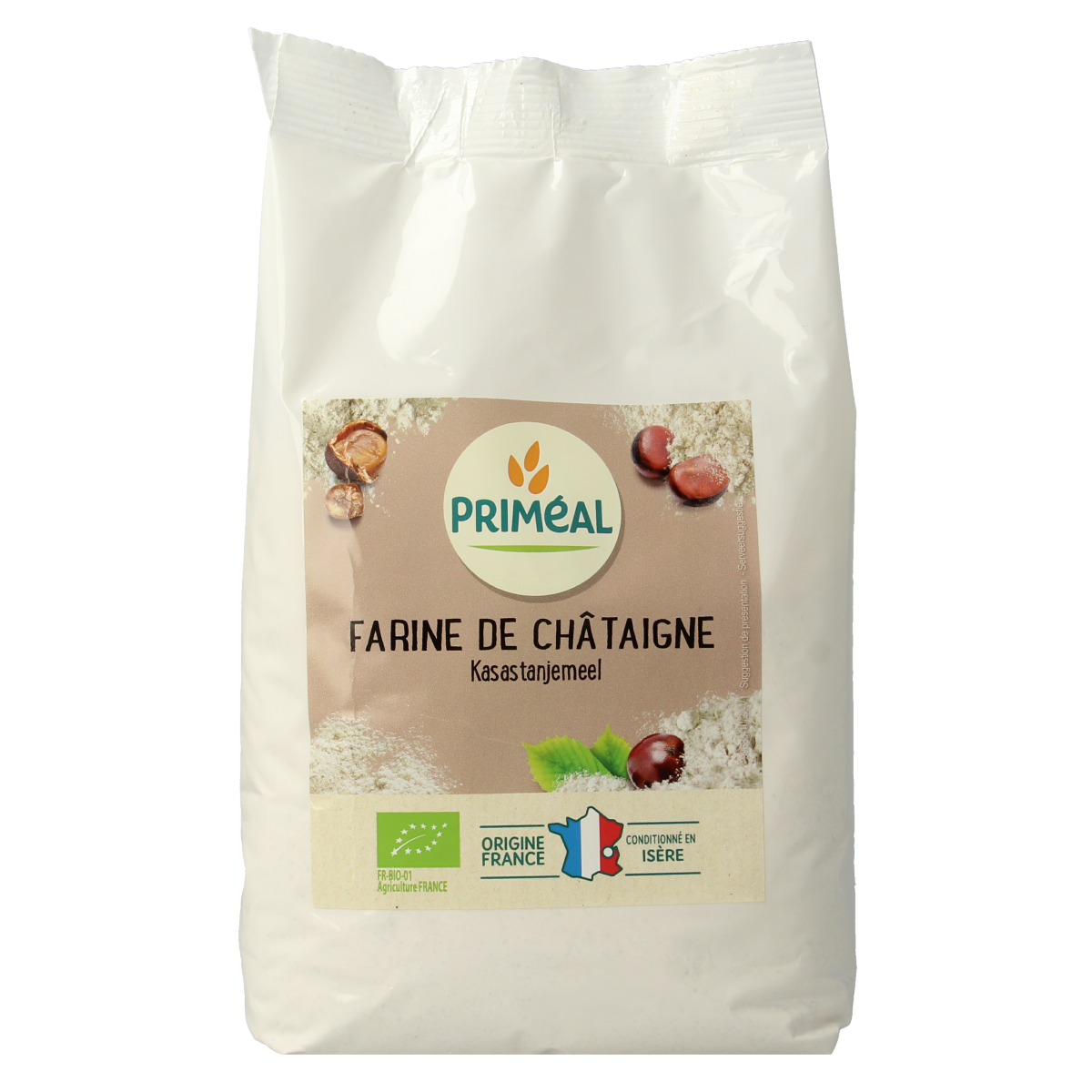 Primeal organic chestnut flour 500g in a bag, gluten-free baking mix, with a natural chestnut appearance.