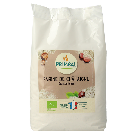 Primeal organic chestnut flour 500g in a bag, gluten-free baking mix, with a natural chestnut appearance.
