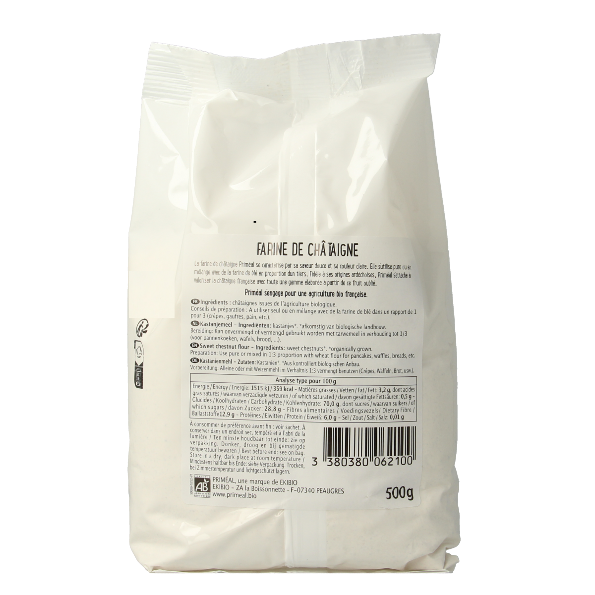 Primeal organic chestnut flour 500g in a resealable bag, showing the packaging with product details and branding.