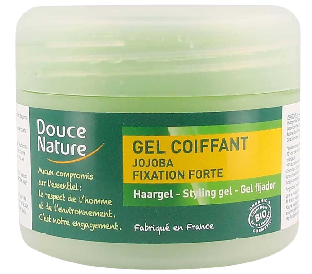 Douce Nature jojoba forte bio hair gel in 100ml, natural styling product with transparent gel texture and plant-based ingredients.