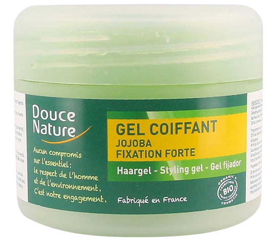 Douce Nature jojoba forte bio hair gel in 100ml, natural styling product with transparent gel texture and plant-based ingredients.