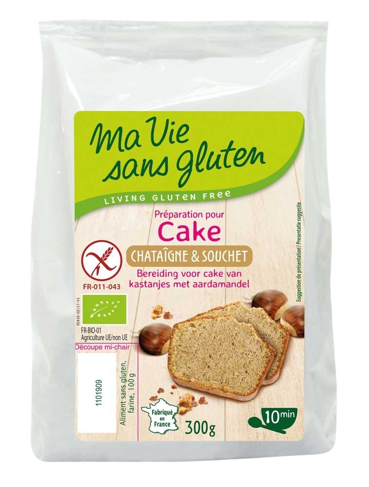 Ma Vie Sans glutenvrije kastanje cakemix in 300g verpakking, bio en geschikt voor bakken, met een natuurlijke uitstraling