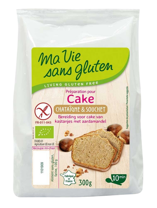 Ma Vie Sans glutenvrije kastanje cakemix in 300g verpakking, bio en geschikt voor bakken, met een natuurlijke uitstraling