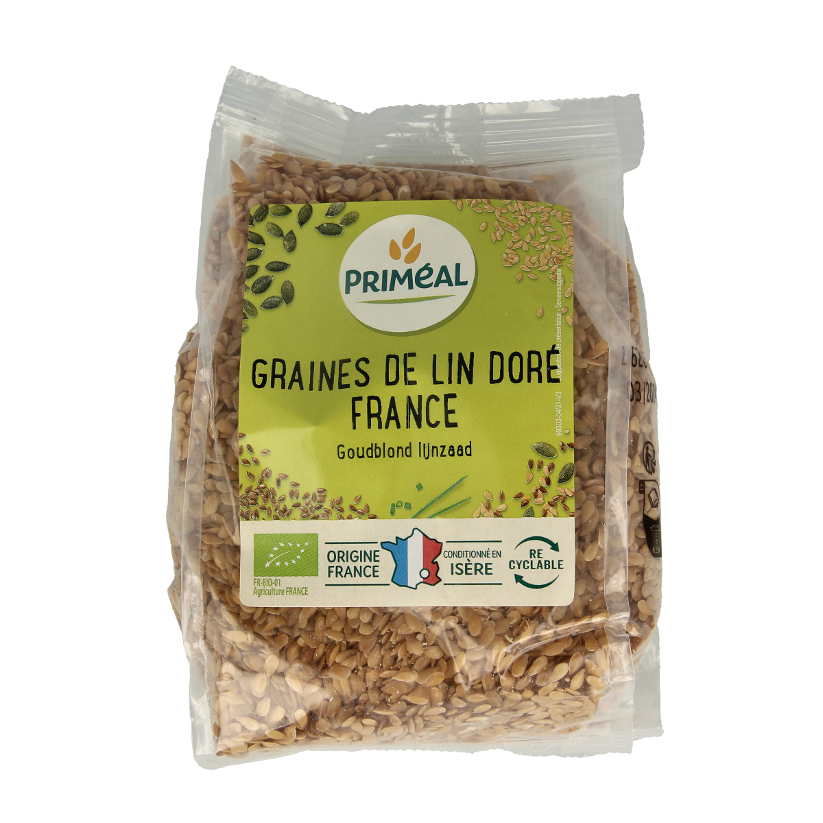 Organic gold flaxseed from Primeal, 250g, shown in a clear image, highlighting its raw superfood quality and natural appearance.