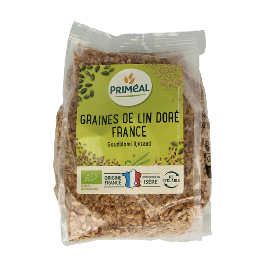 Organic gold flaxseed from Primeal, 250g, shown in a clear image, highlighting its raw superfood quality and natural appearance.