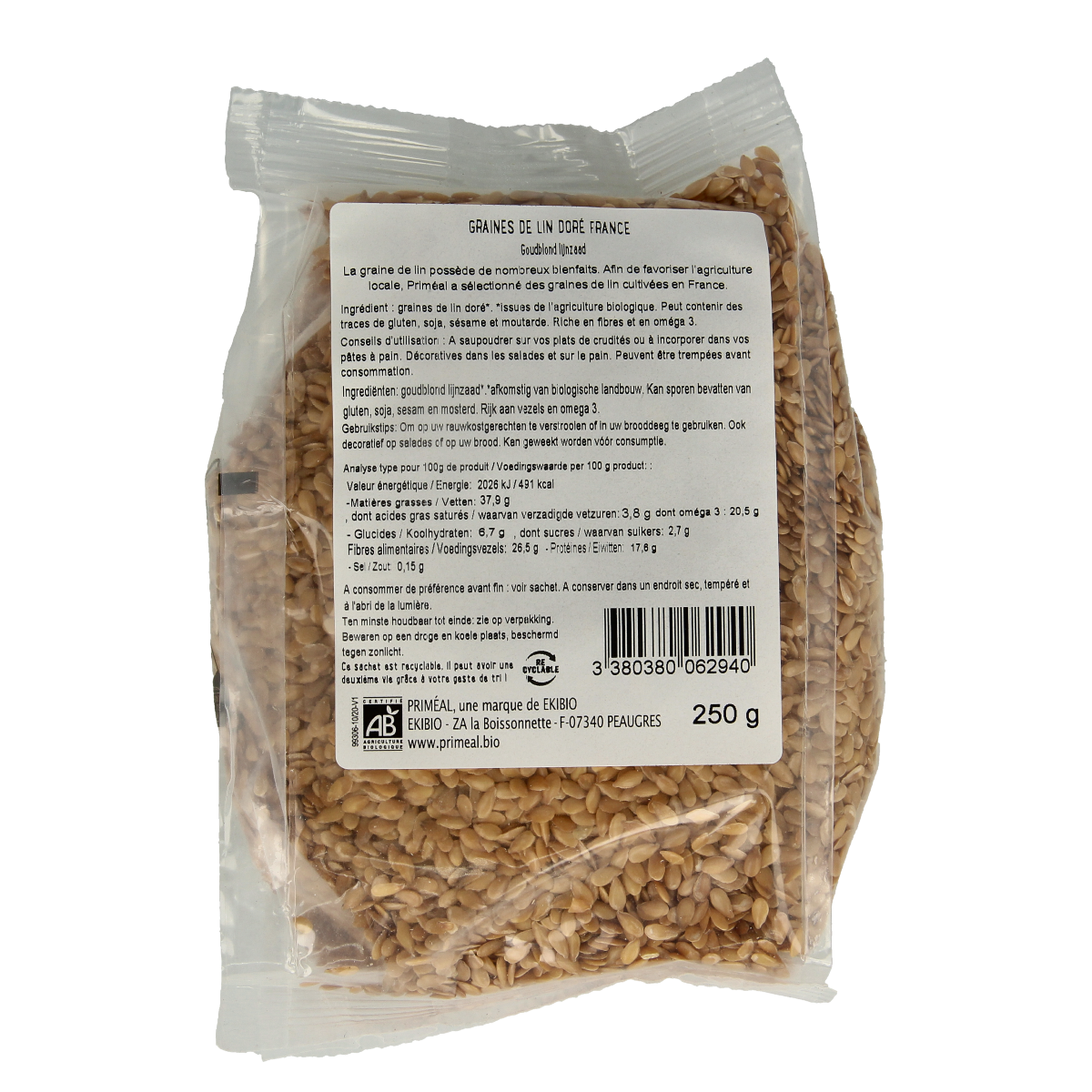 Organic Primeal golden flaxseed in 250g package, raw superfood rich in nutrients, displayed in a clear bag.