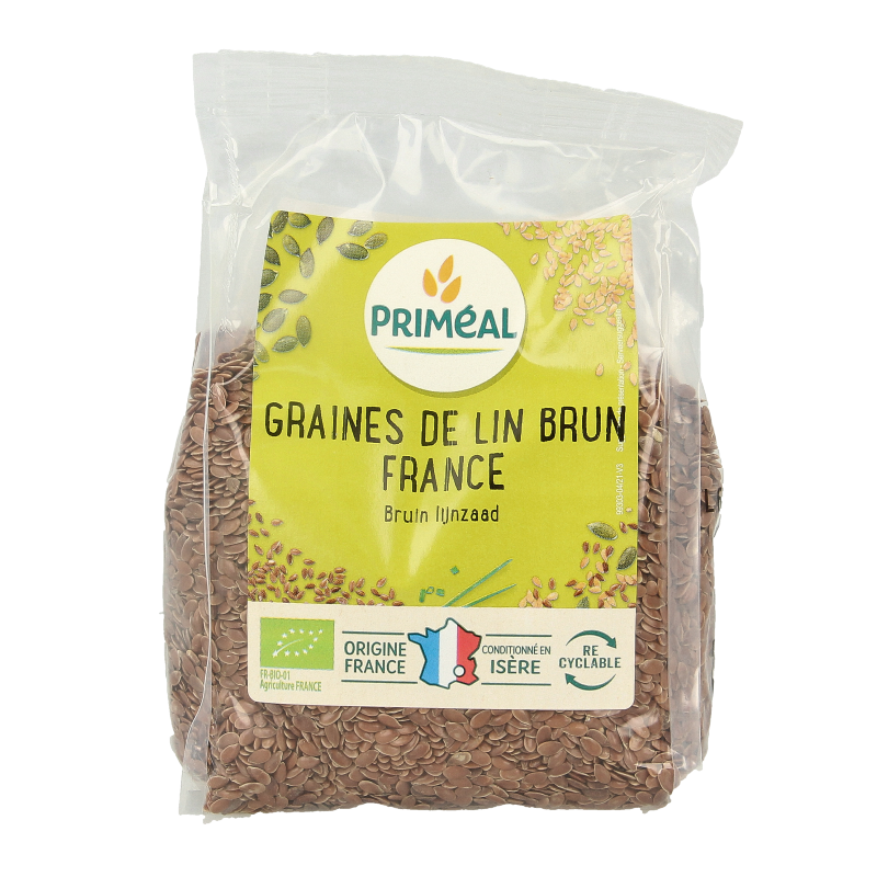 Primeal organic brown flaxseed in a 250g package, raw superfood with visible brown seeds in a clear bag.