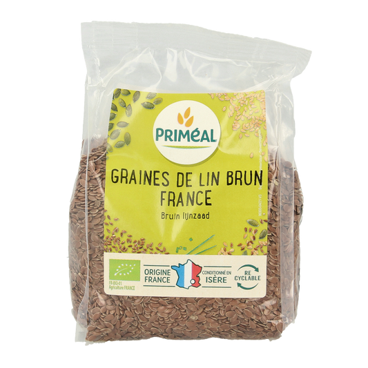 Primeal organic brown flaxseed in a 250g package, raw superfood with visible brown seeds in a clear bag.