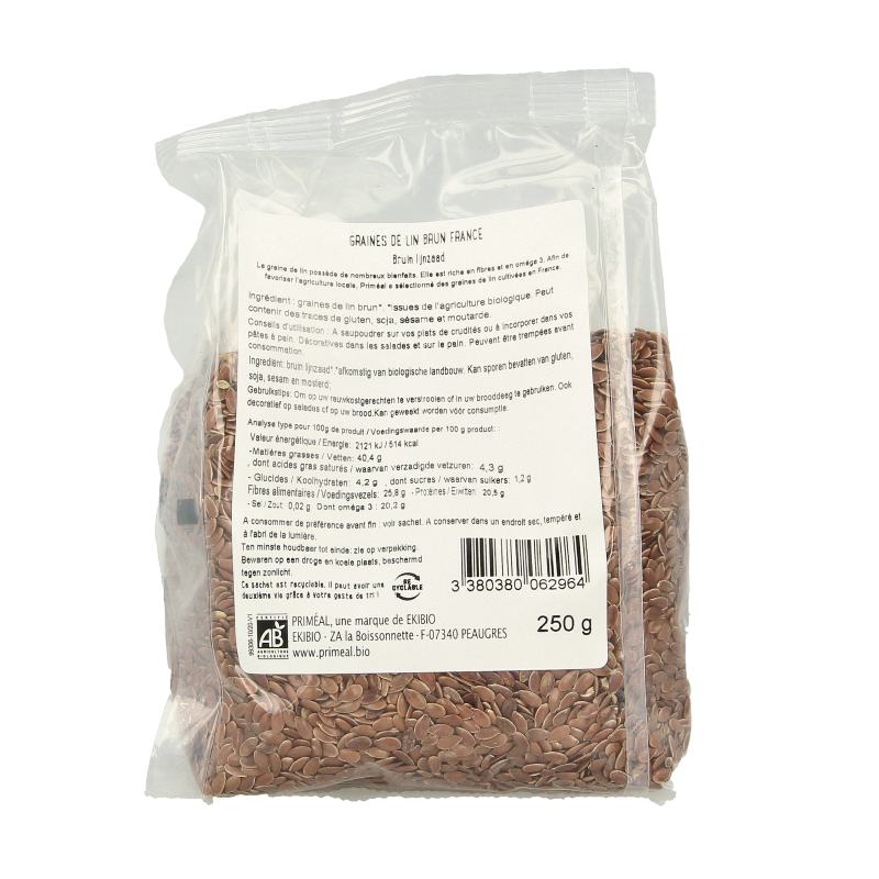 Primeal organic brown flaxseed in a 250g package, raw superfood rich in omega-3 and fiber, displayed in a clear bag.